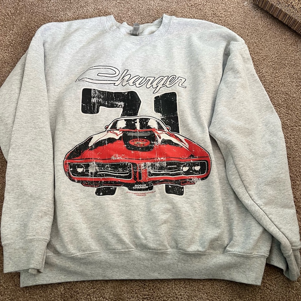 Gildan Gray Crewneck Sweater with Red Charger Graphic